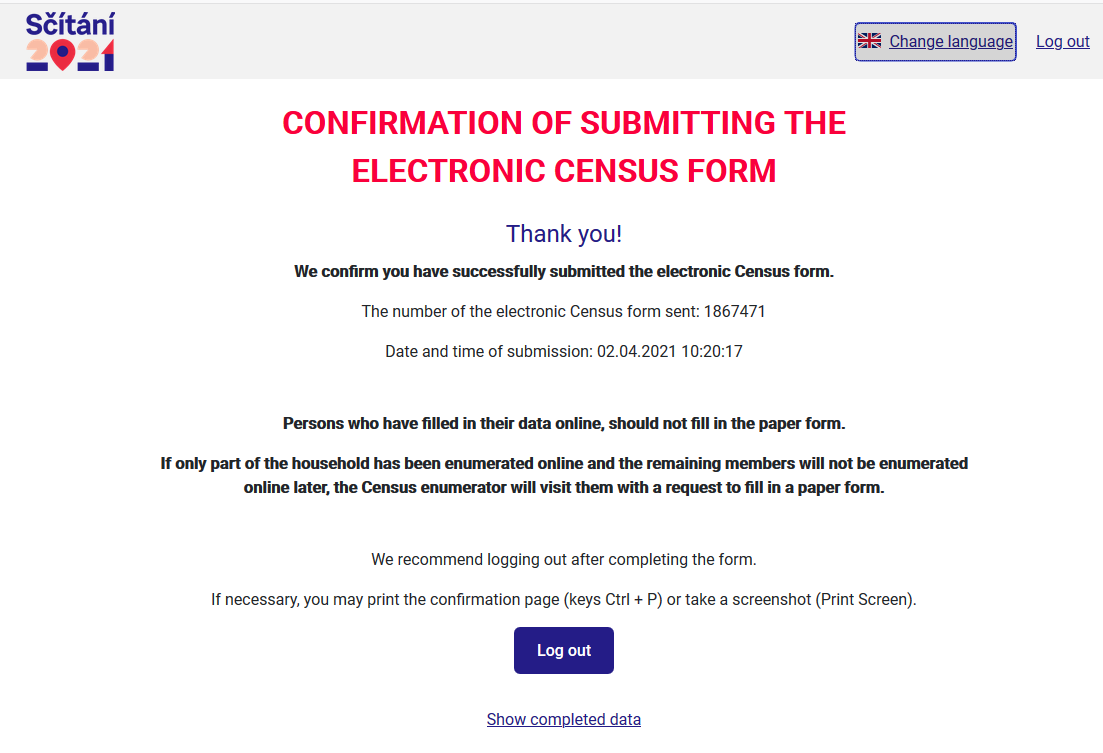 Confirmation of submitting the electronic census form